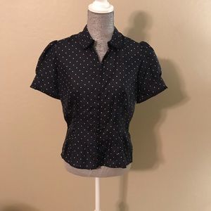 Tan and navy blue fitted silk blouse